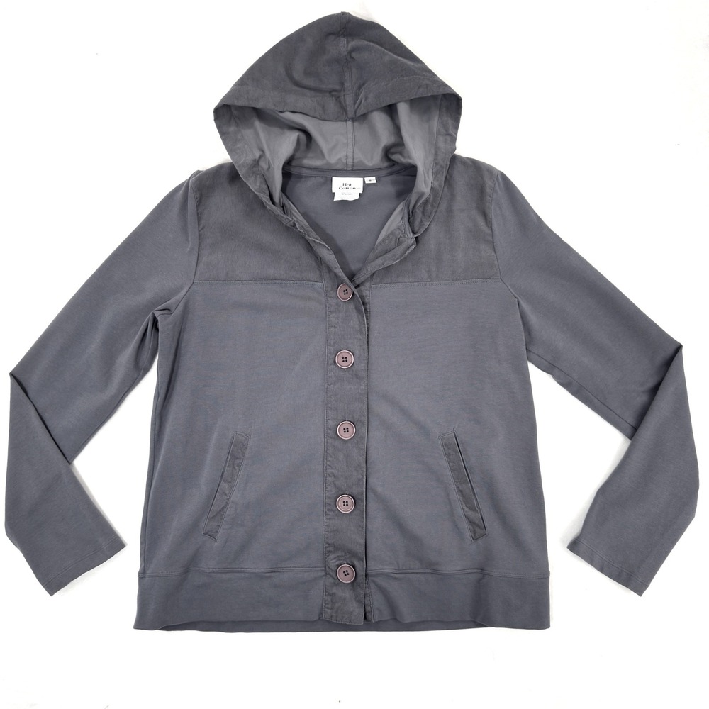 Hot Cotton Button Front Hooded Shacket Women's Size S Gray‎ Lagenlook Tunic Boho
